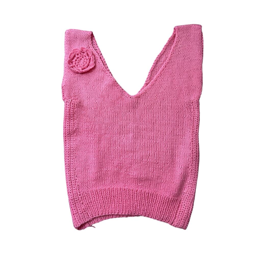Handmade Knitted Pink Sleeveless Sweater Vest With Flower Large
